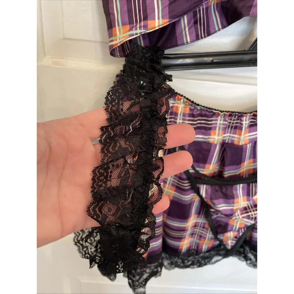 Four Piece Women's Bedroom Outfit Shorts, Low Top - Purple Plaid Black Lace NWOT